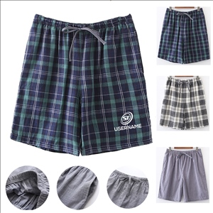 Woven Plaid Check Cotton Soft Lightweight Long Shorts Drawstring Pants with Pocket